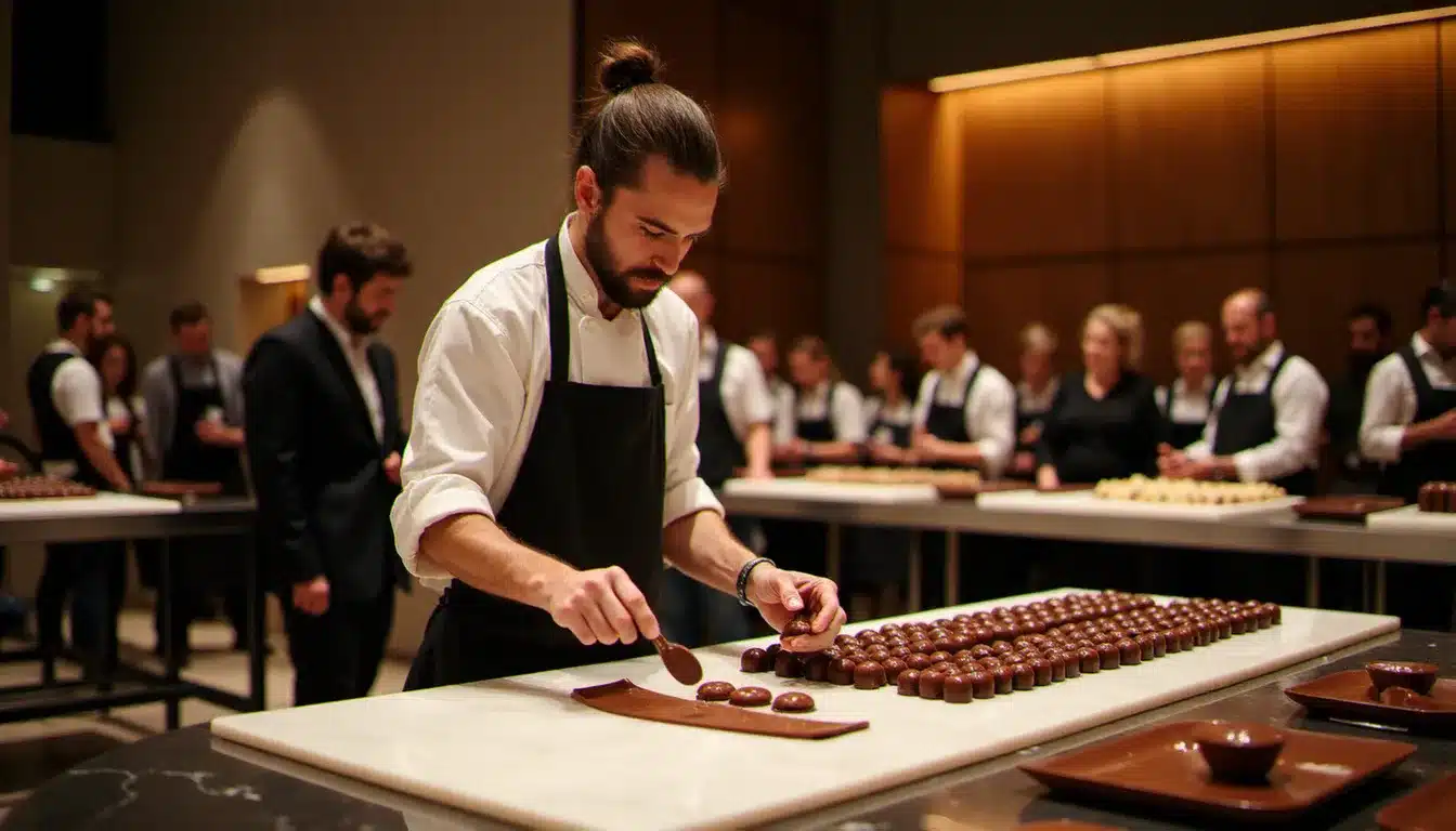 Maître chocolatier en démonstration lors d'un festival du chocolat, tablage sur marbre et bonbons artisanaux sous lumière chaude et élégante