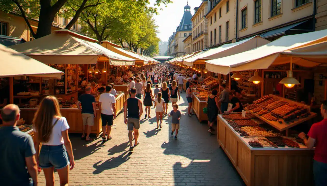 Vue aérienne d'un événement ce week-end autour de moi, marché gourmand festif avec stands de chocolat artisanal et visiteurs en plein air