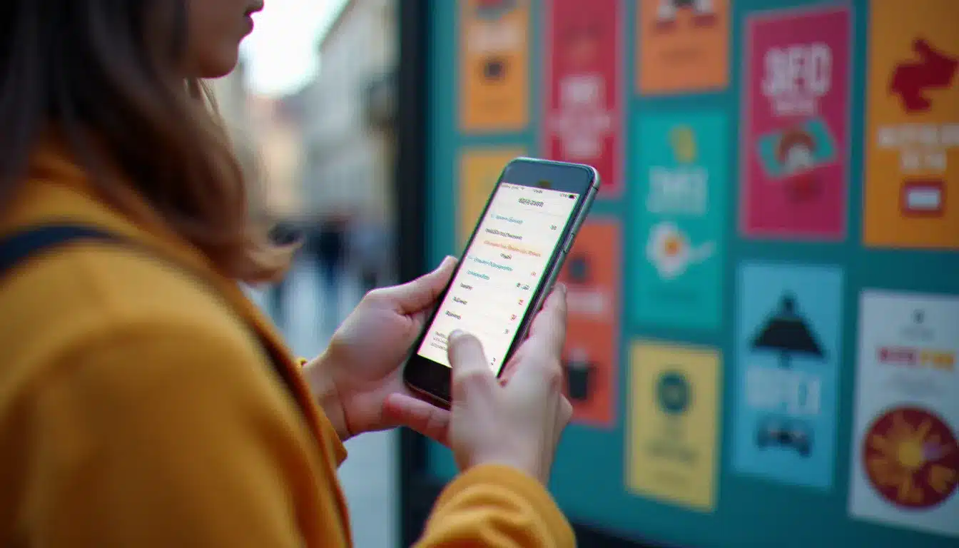 Une personne consulte un agenda d'événements sur smartphone devant des affiches d'animations en centre-ville de Clermont-Ferrand