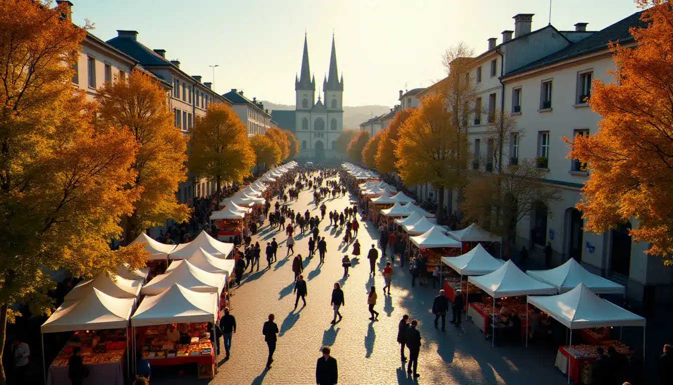 Vue sur la place de Jaude à Clermont-Ferrand lors d'un événement gourmand en plein air, avec des stands artisanaux et la cathédrale en arrière-plan