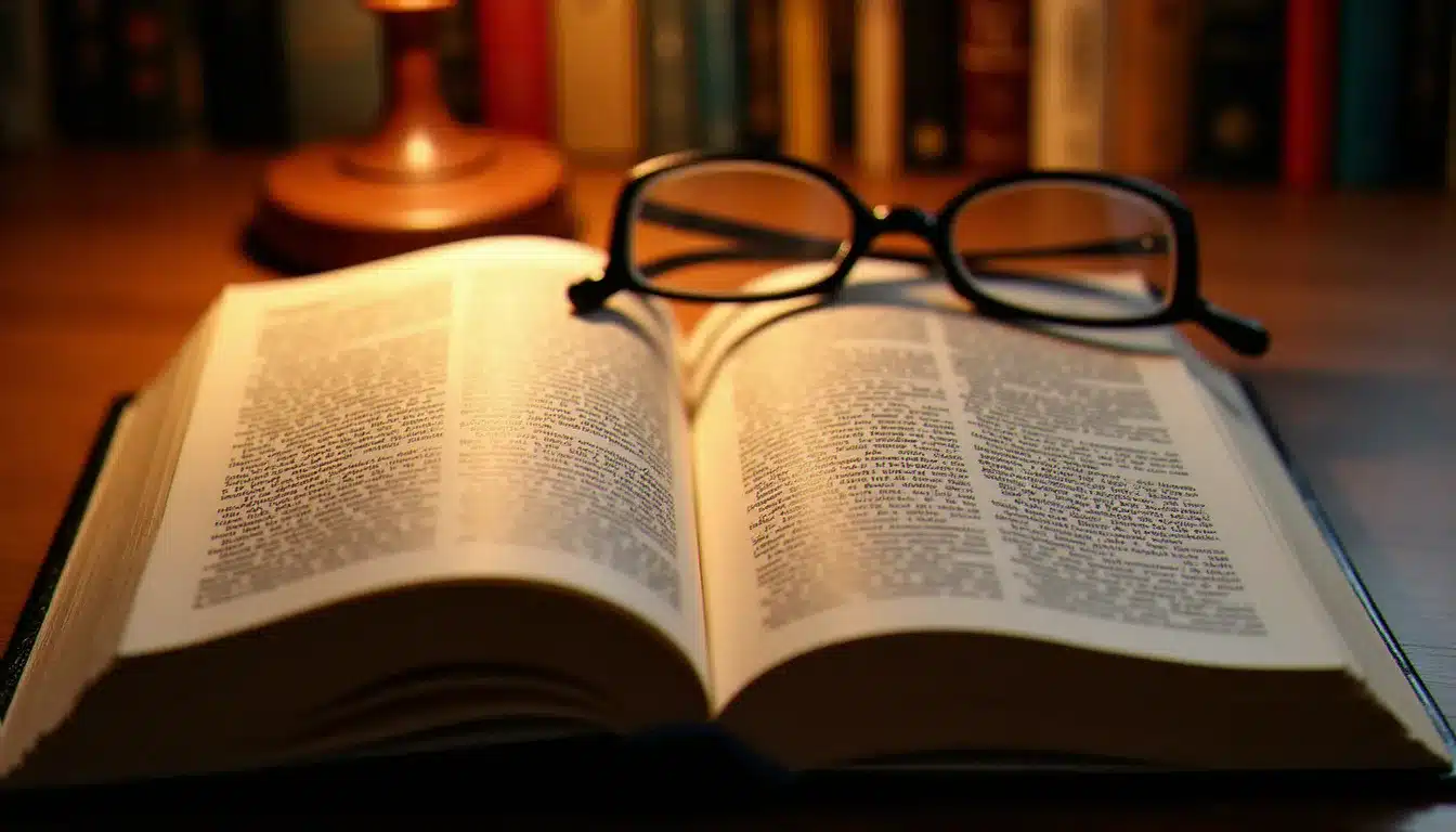 Dictionnaire français ouvert sur un bureau en bois avec une lampe de bureau, évoquant la recherche orthographique du mot événement