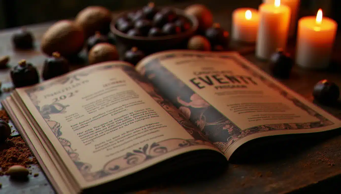 Programme d'un événement chocolat élégant ouvert sur une table en bois, entouré de truffes et de fèves de cacao, illustrant la communication d'un événement gastronomique