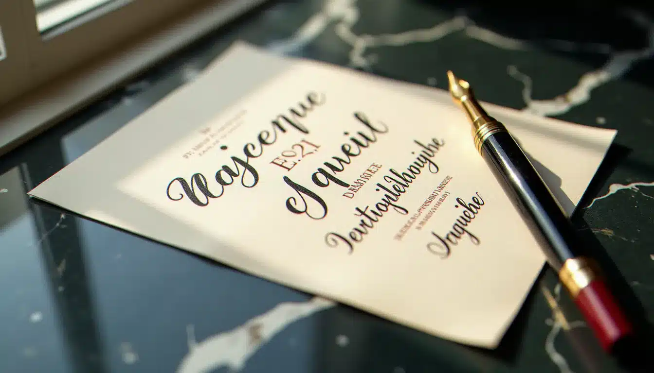 Carton d'invitation élégant posé sur du marbre noir, à côté d'un stylo plume, illustrant la rédaction soignée d'un événement