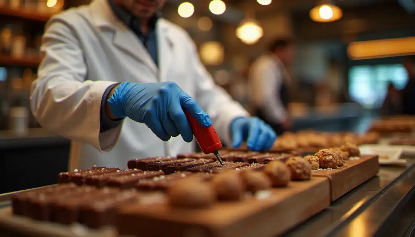 Technicien en sécurité alimentaire contrôlant les denrées chocolatées sur un stand gastronomique, illustration des risques spécifiques aux événements festifs