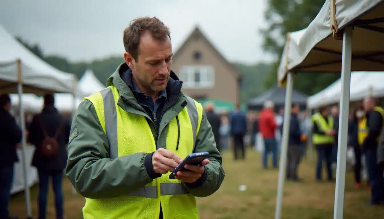 Agent de sécurité vérifiant la fixation d'une structure temporaire lors d'une fête extérieure — prévention des événements dangereux liés aux installations mobiles