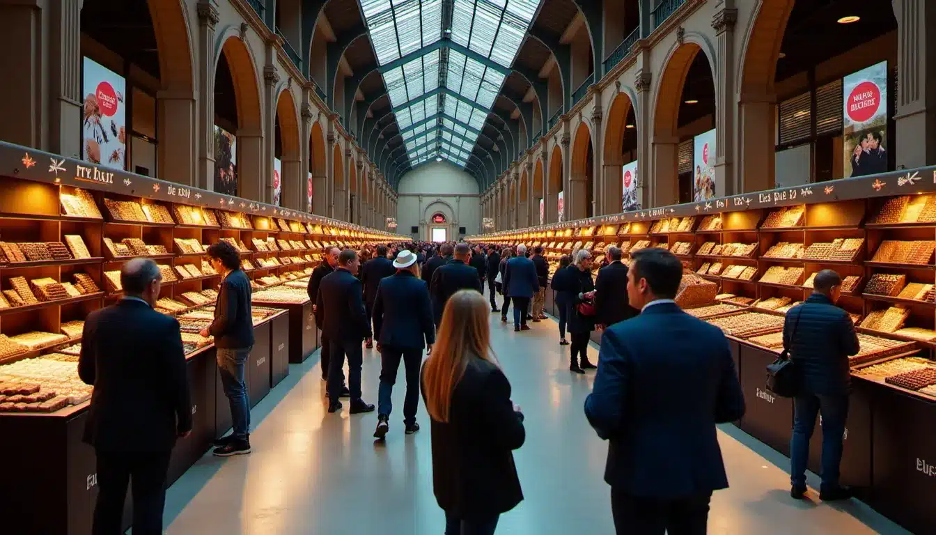 Vue d'ensemble d'un festival du chocolat avec des allées sécurisées, des sorties de secours visibles et des visiteurs qui dégustent des chocolats artisanaux — exemple d'événement dangereux prévenu par une organisation rigoureuse