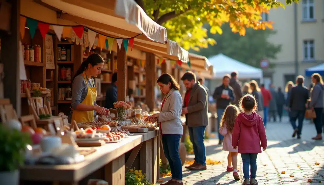 Marché caritatif en plein air avec stands en bois, bénévoles en tablier et visiteurs en famille par une journée d'automne ensoleillée