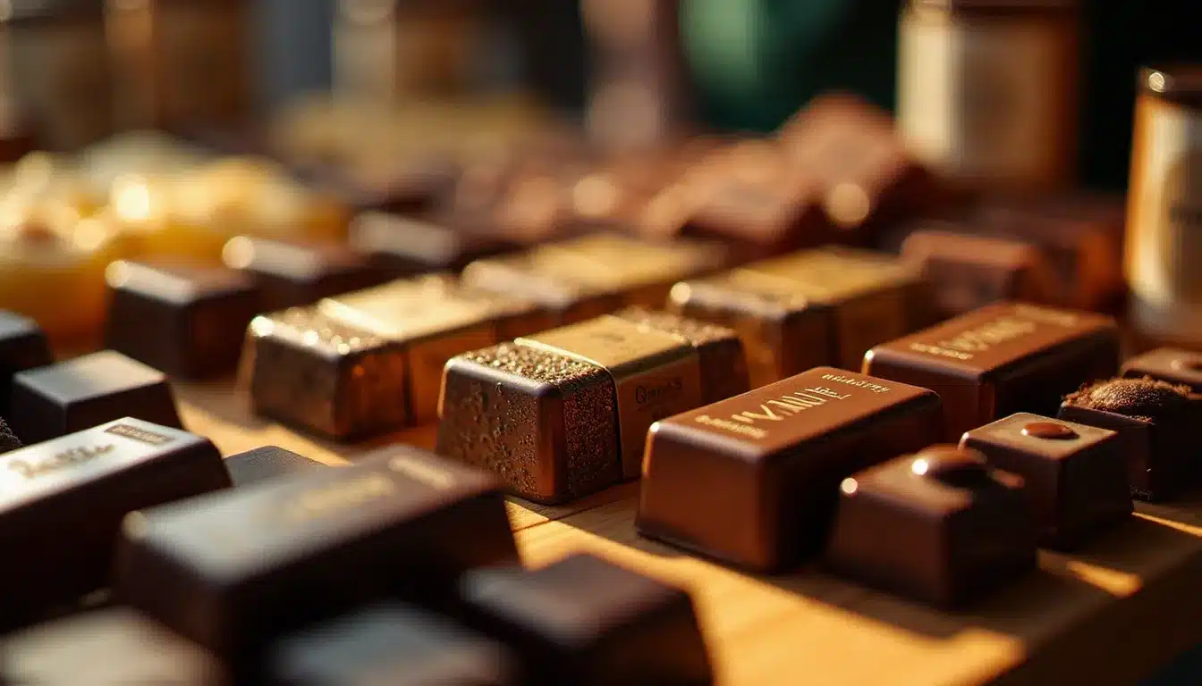 Étalage de chocolats artisanaux lors d'un événement caritatif gourmand, tablettes en emballages élégants disposées sur une table en bois sous un éclairage chaud