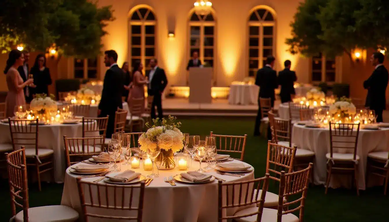 Salle de gala élégante lors d'un événement de charité, tables rondes dressées en blanc, lumière tamisée et invités en tenue de soirée