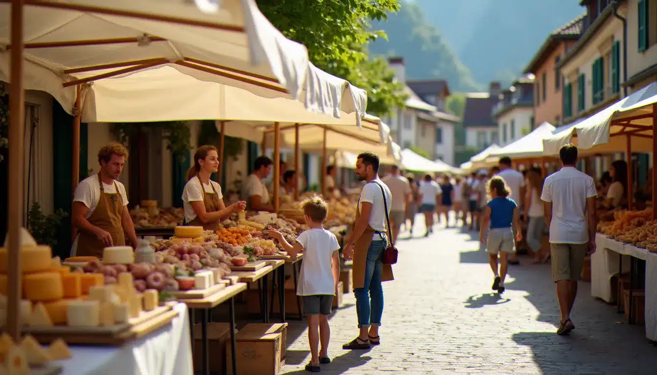 Marché de producteurs artisanaux lors d'un événement gourmand à Evian, avec familles et visiteurs découvrant les stands de spécialités régionales