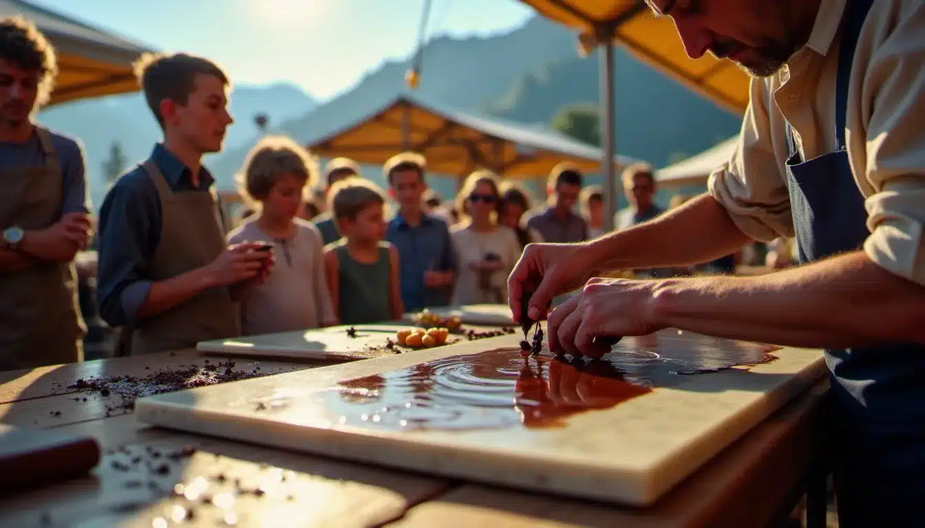 Démonstration de tempérage du chocolat par un artisan chocolatier lors d'une fête du chocolat en Haute-Savoie, avec un public curieux en arrière-plan