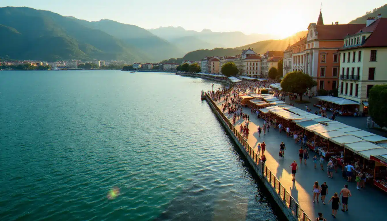 Vue sur le front de lac d'Evian-les-Bains lors d'un événement estival, avec le lac Léman en arrière-plan et les Alpes suisses au loin