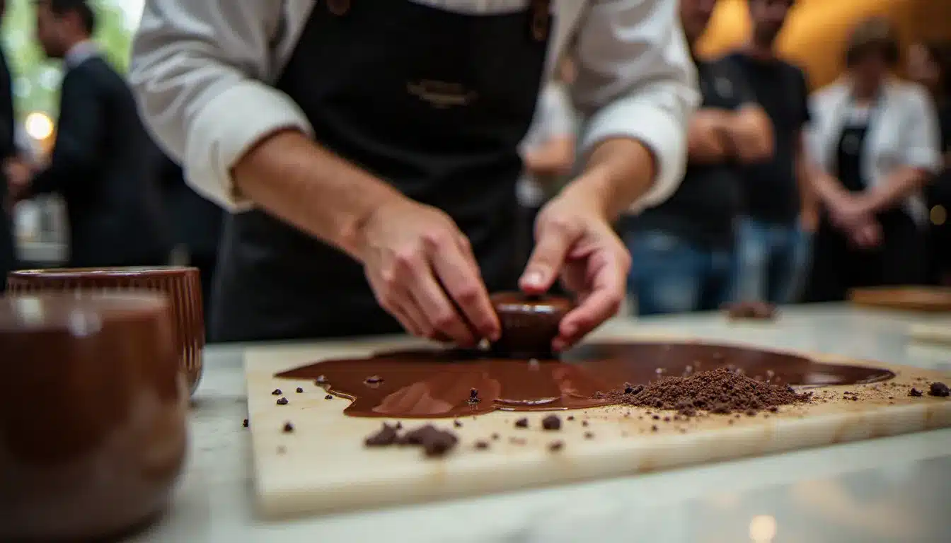 Chocolatier artisan réalisant une démonstration de tempérage du chocolat lors d'un grand salon gastronomique en France en 2026