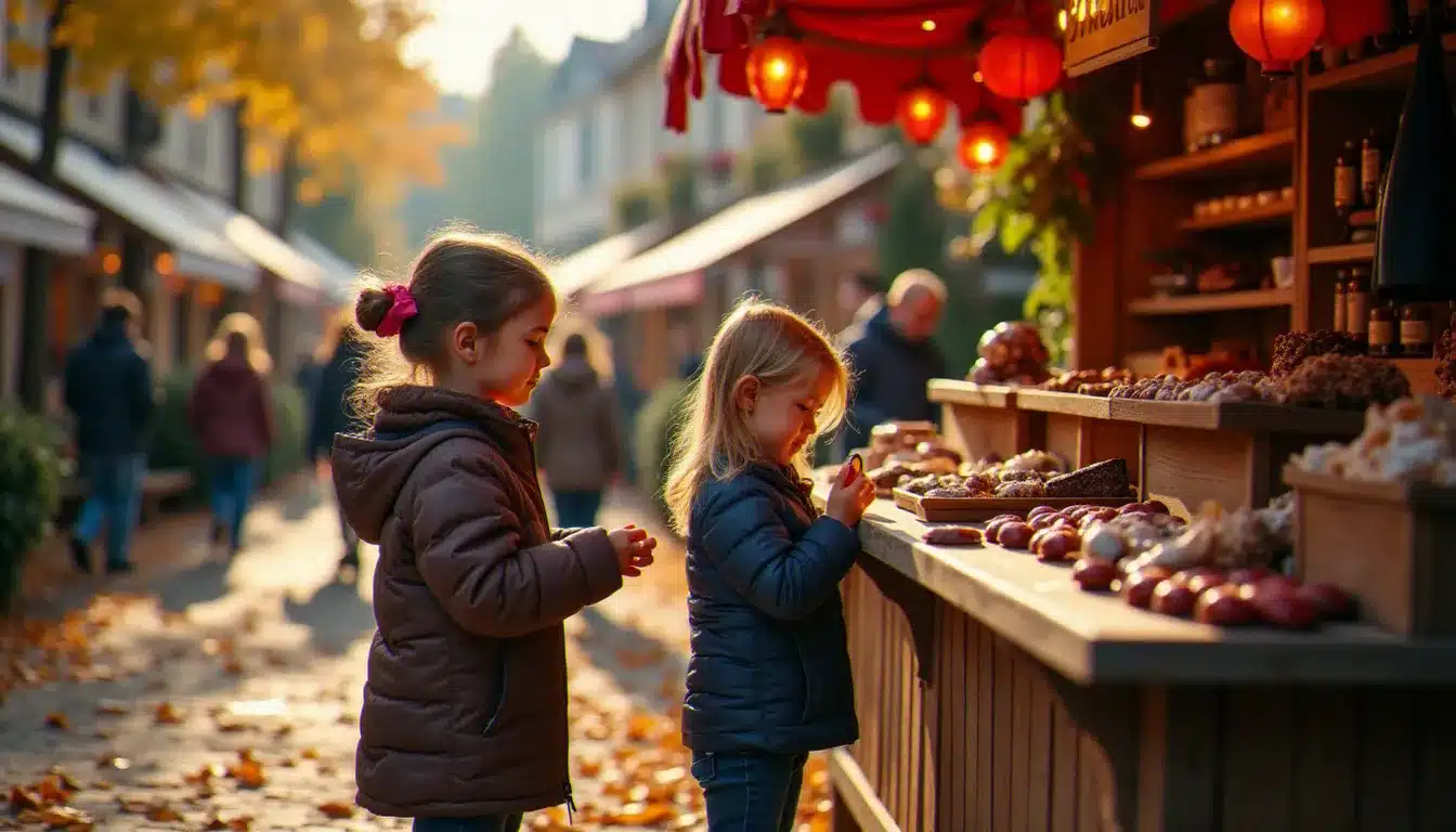 Marché du chocolat en automne dans un village français, avec des familles et des enfants profitant d'une fête gourmande lors d'un événement France 2026