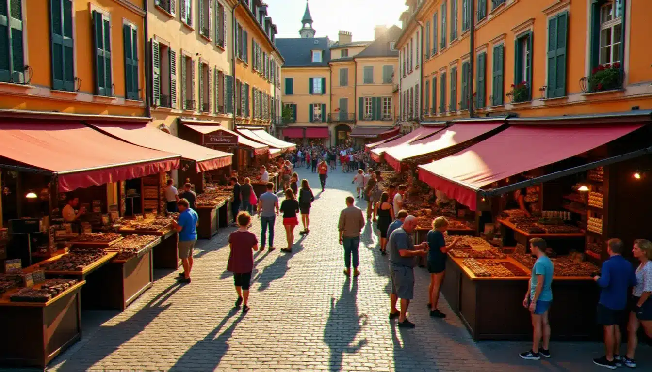 Vue panoramique d'un événement France 2026 dédié au chocolat, avec des stands artisanaux animés sur une place historique française sous une lumière dorée
