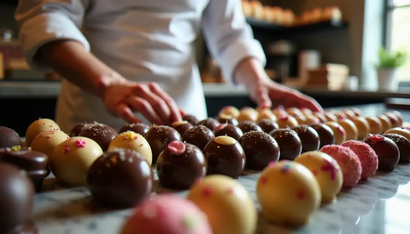 Étalage de chocolats artisanaux lors d'une fête du chocolat en France, un maître chocolatier arrange des bonbons sur un comptoir en marbre