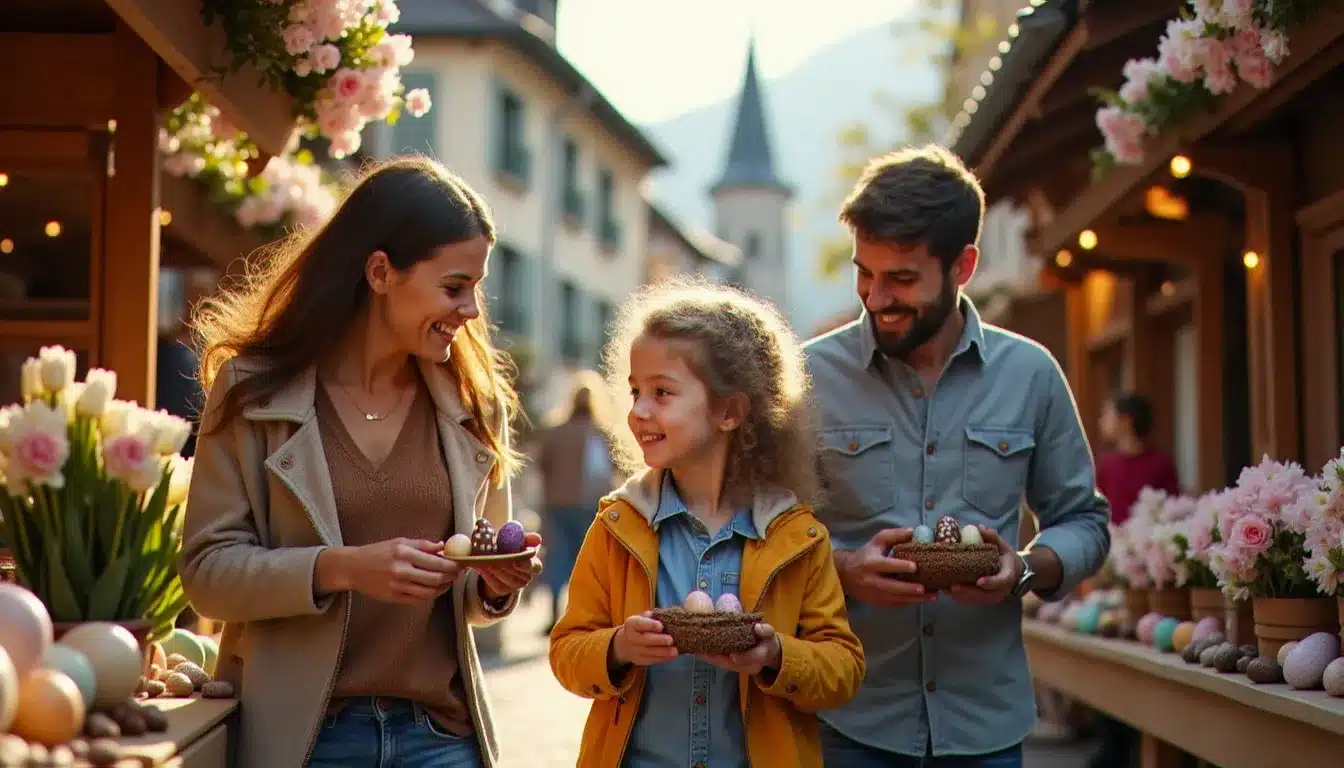 Famille française avec enfants visitant un marché de Pâques alsacien en avril, stands en bois décorés d'œufs de Pâques et de fleurs de printemps