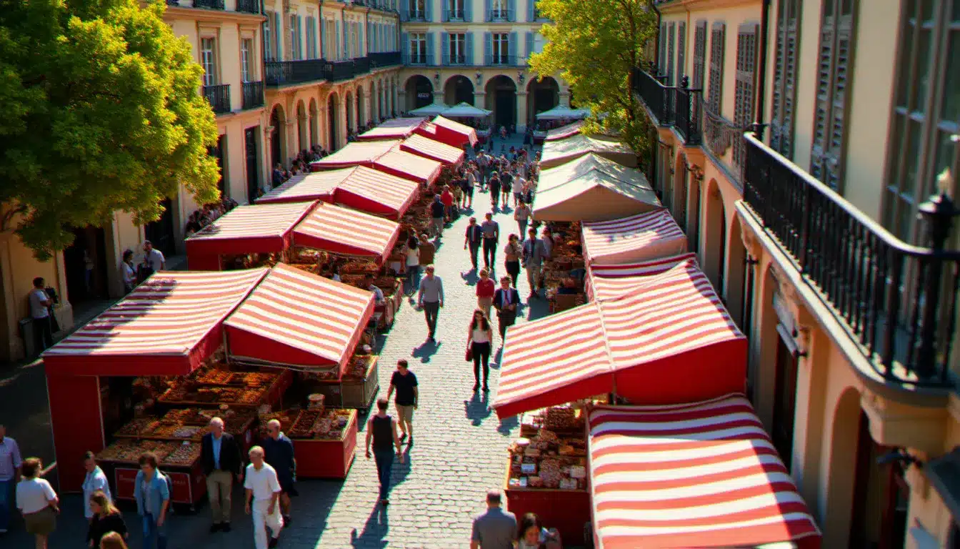 Vue aérienne d'un événement festif printanier en France en avril, marché gourmand en plein air sur une place historique avec des visiteurs et des stands colorés