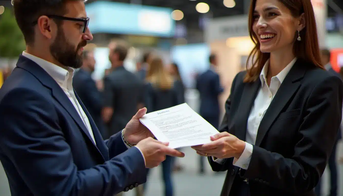 Candidat remettant son CV à un recruteur lors d'un job dating organisé dans le cadre d'un événement France Travail