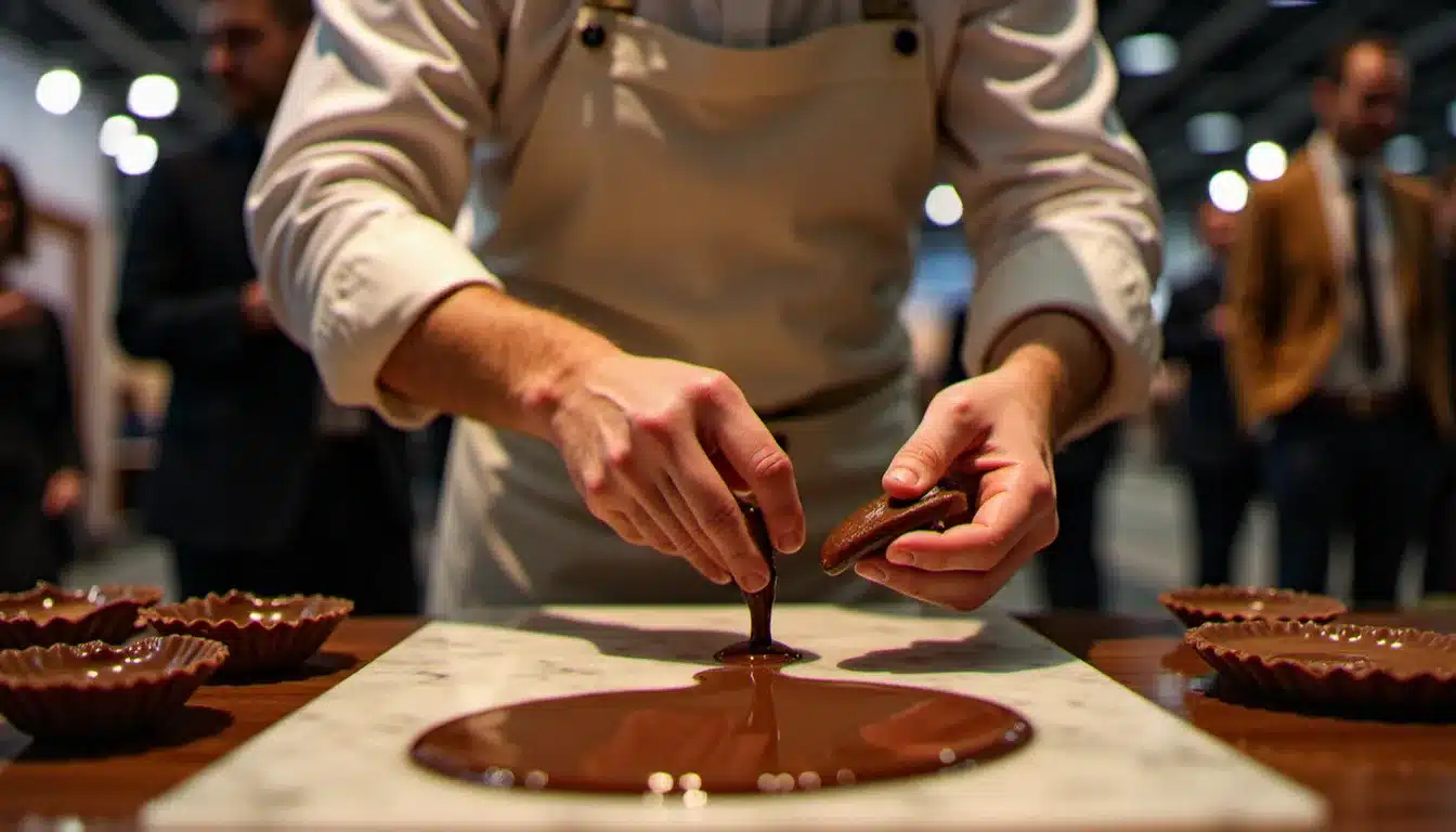 Chocolatier artisan réalisant une démonstration de tempérage du chocolat lors d'un forum métiers dédié à l'artisanat alimentaire organisé avec France Travail