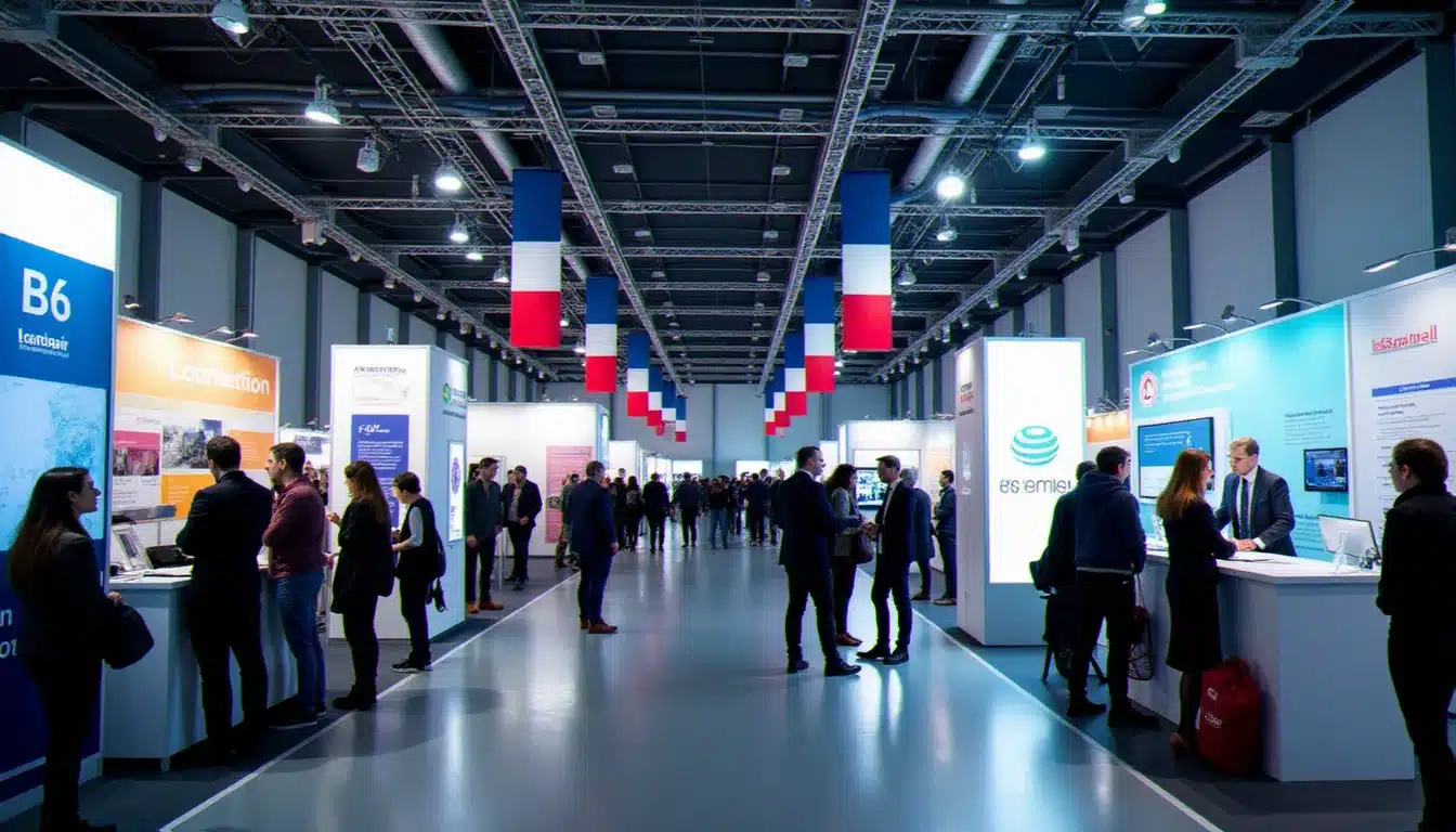 Salon de recrutement événement France Travail 2025 dans une grande salle de conférence moderne avec des stands d'entreprises et des candidats en discussion
