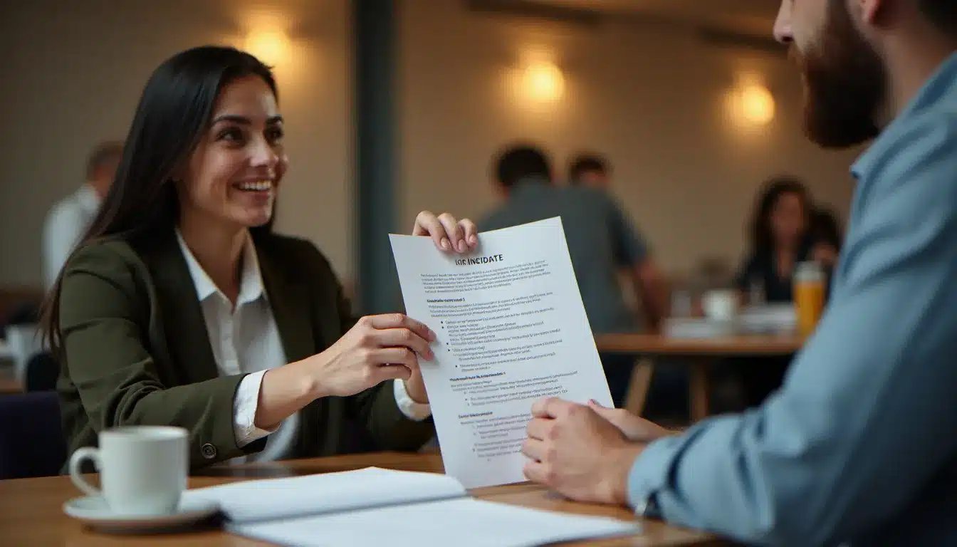 Candidat remettant son CV à un recruteur lors d'un job dating organisé par France Travail en 2026