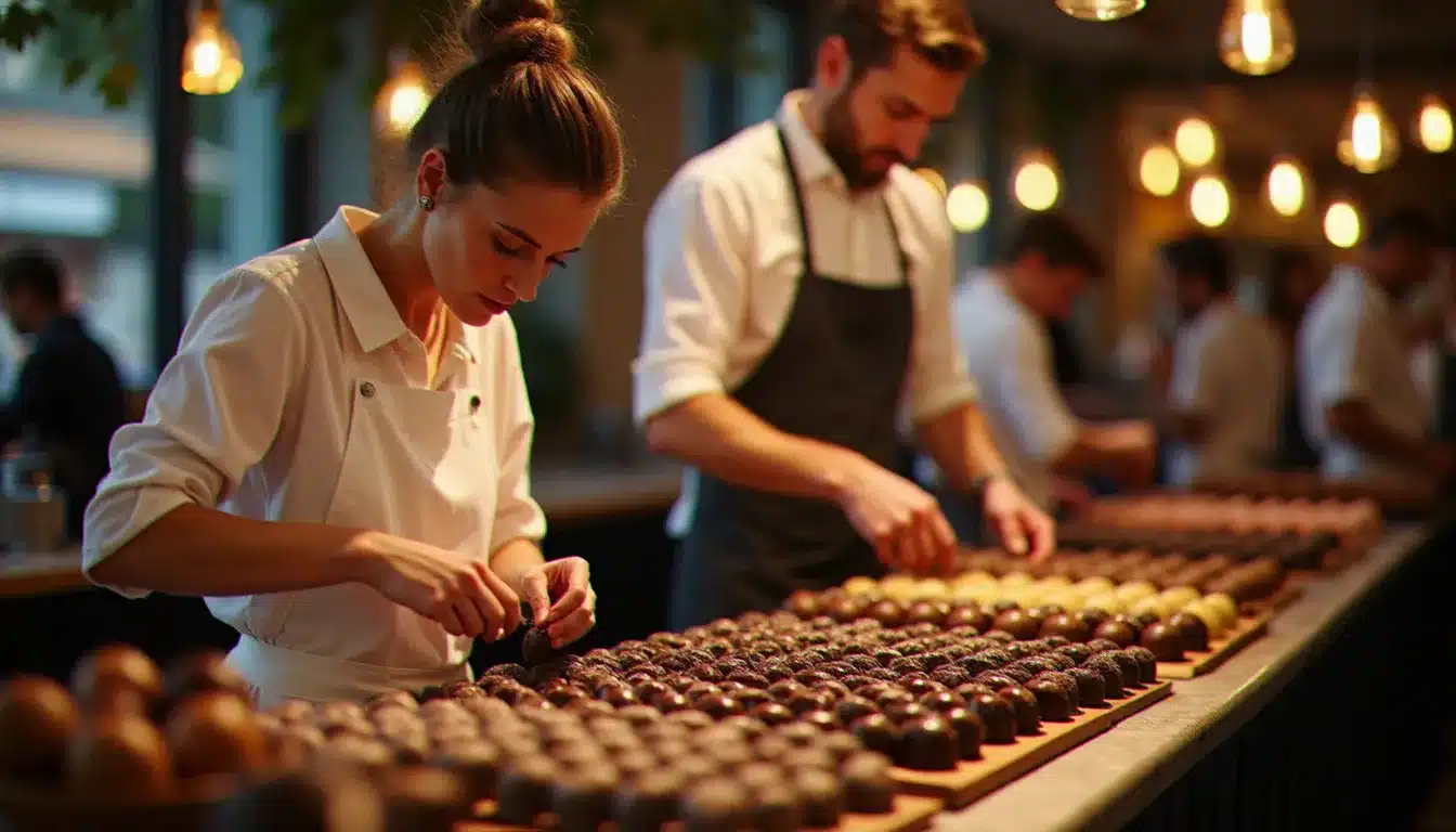 Chocolatier artisan présentant ses créations lors d'un salon gastronomique, univers des fêtes gourmandes et événements chocolat en France