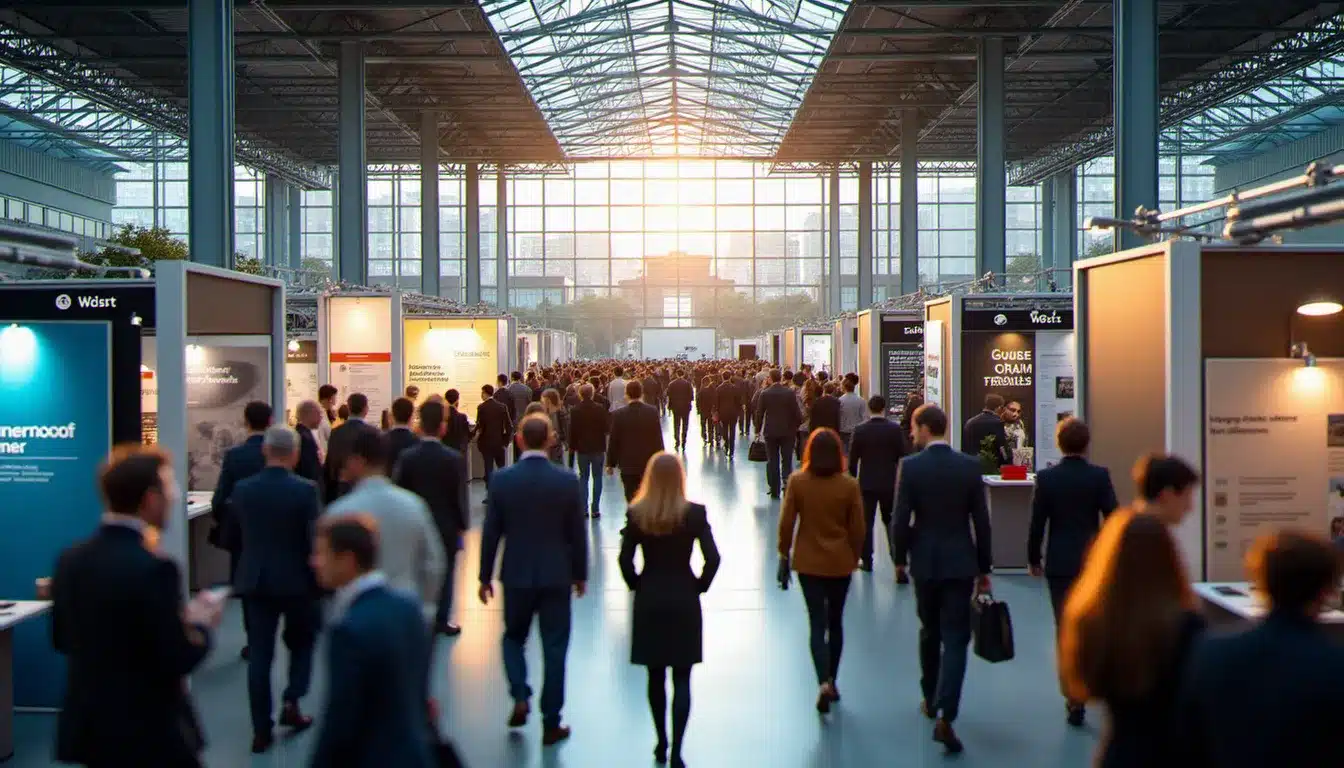 Forum emploi France Travail 2026 dans une grande salle moderne, candidats et recruteurs échangeant devant des stands d'entreprises