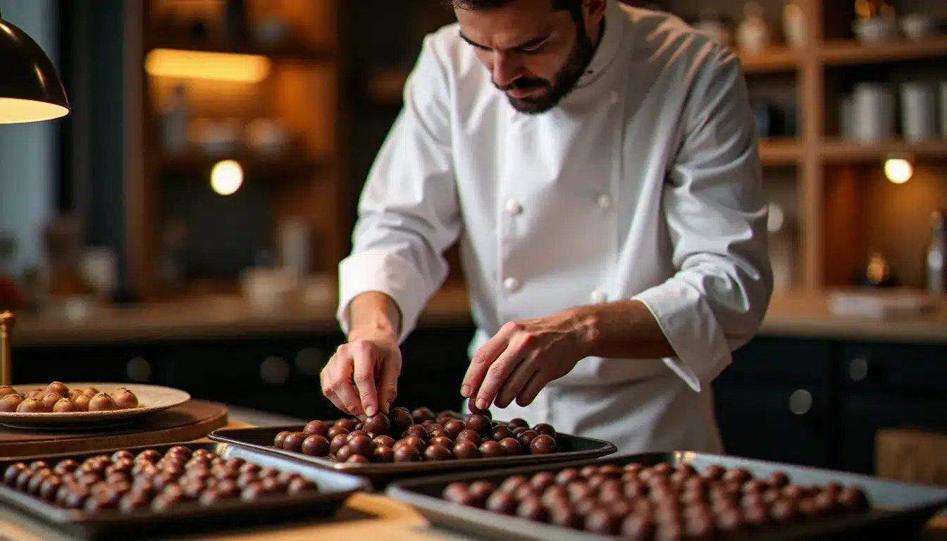 Chocolatier artisan présentant ses créations lors d'un événement emploi dans le secteur de la gastronomie et de la chocolaterie en France