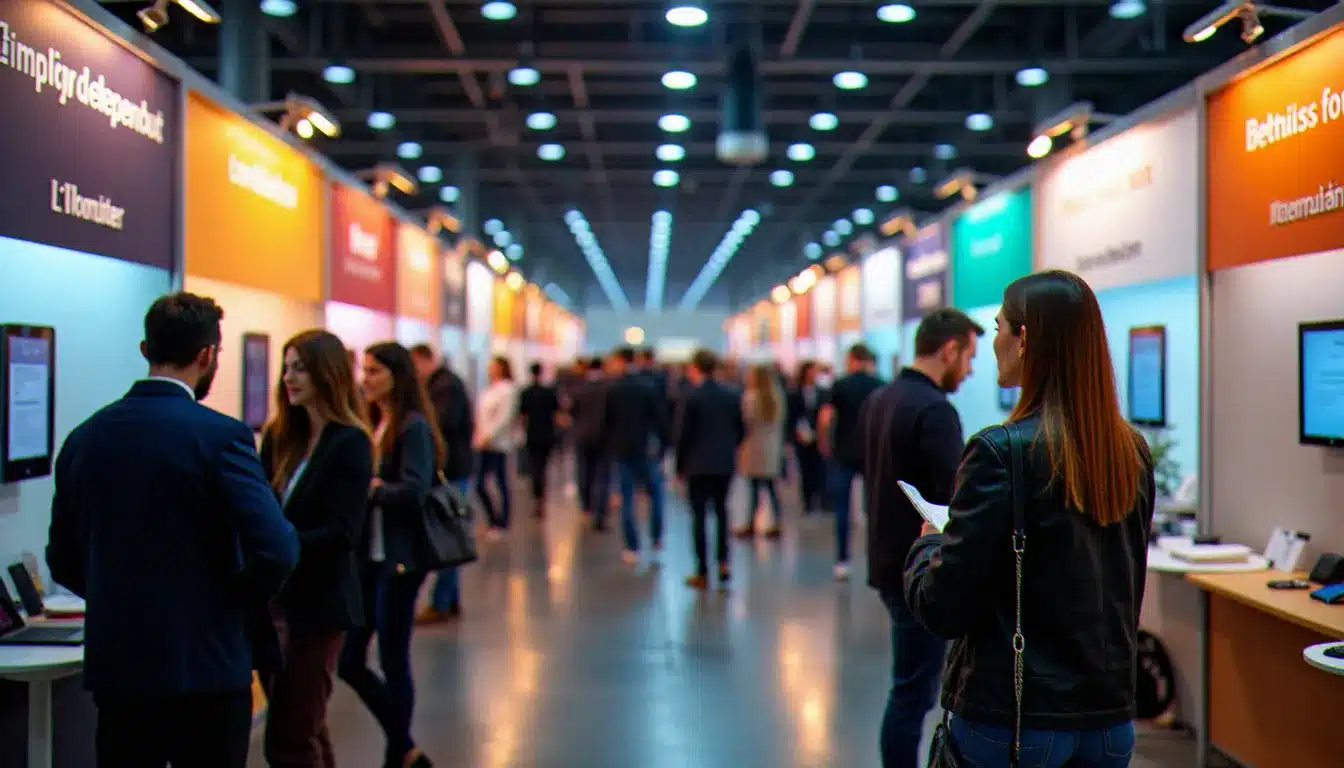 Salon de l'emploi France Travail avec des candidats discutant avec des recruteurs lors d'un événement emploi en France