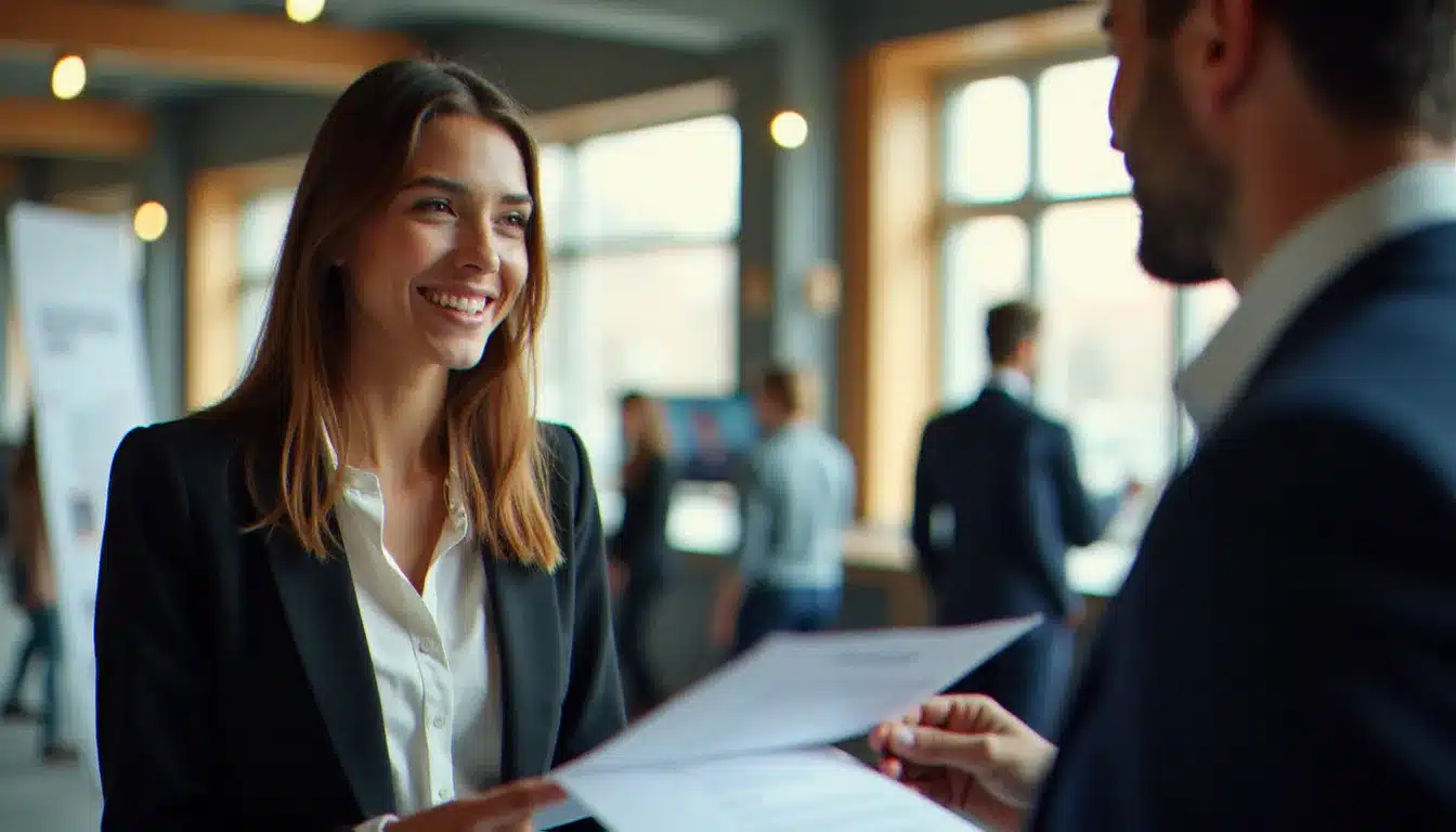 Candidate remettant son CV à un recruteur lors d'un jobdating organisé par France Travail à Toulouse