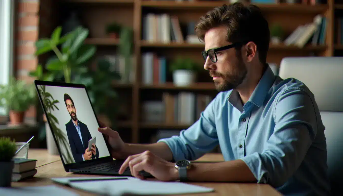 Participant à un webinaire emploi France Travail en visioconférence depuis son domicile toulousain