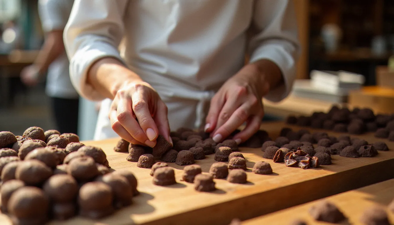 Chocolatier artisan arrangeant des bonbons de chocolat sur un étal en bois lors de La Grande Fête du Chocolat à Montélimar