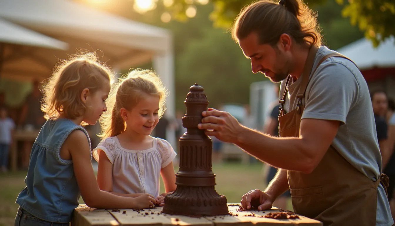 Une famille assistant à une démonstration de sculpture en chocolat lors d'un événement gourmand à Montélimar, sous la lumière dorée de l'après-midi