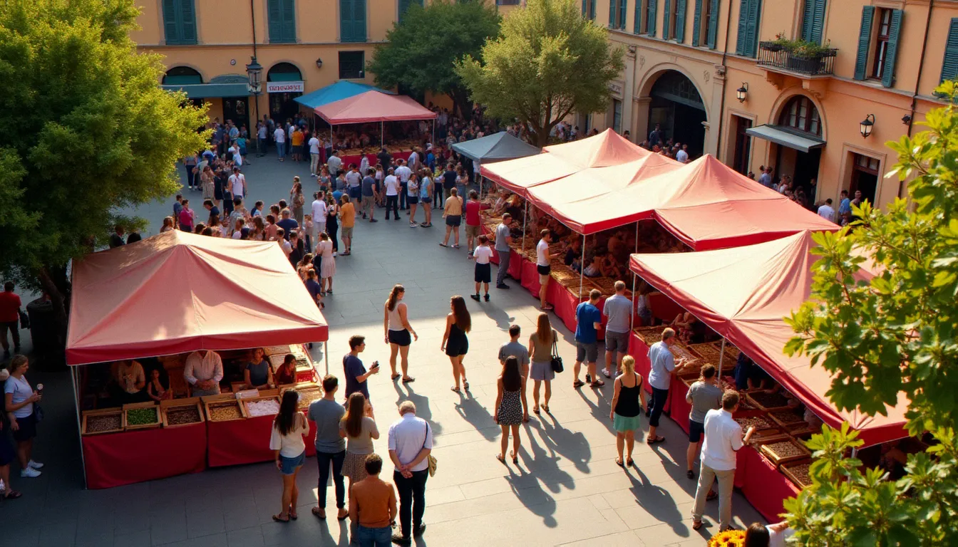 Vue aérienne d'un événement chocolat en plein air à Montélimar aujourd'hui, avec des stands artisanaux colorés et des visiteurs en train de déguster