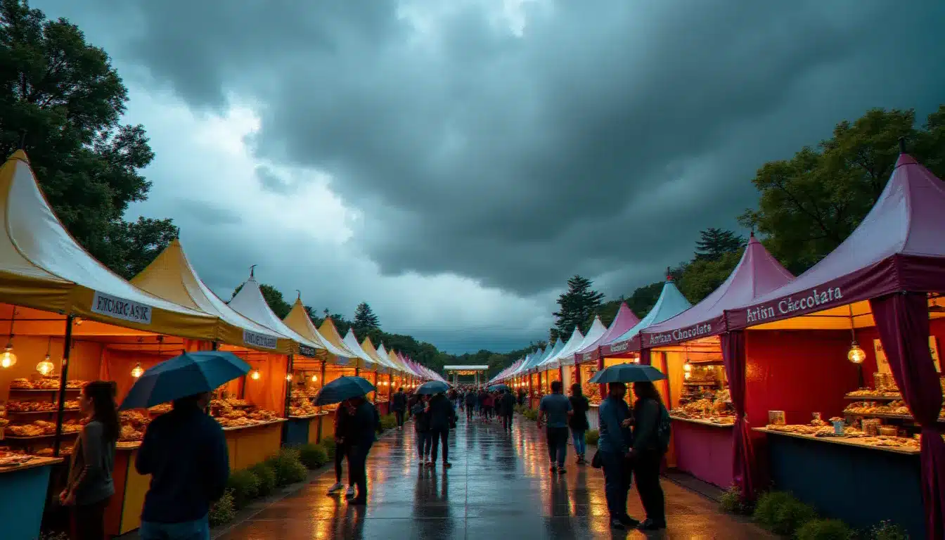 Salon gastronomique en plein air sous un ciel d'orage, illustrant le risque d'événement naturel et l'importance de l'assurance pour les organisateurs de fêtes