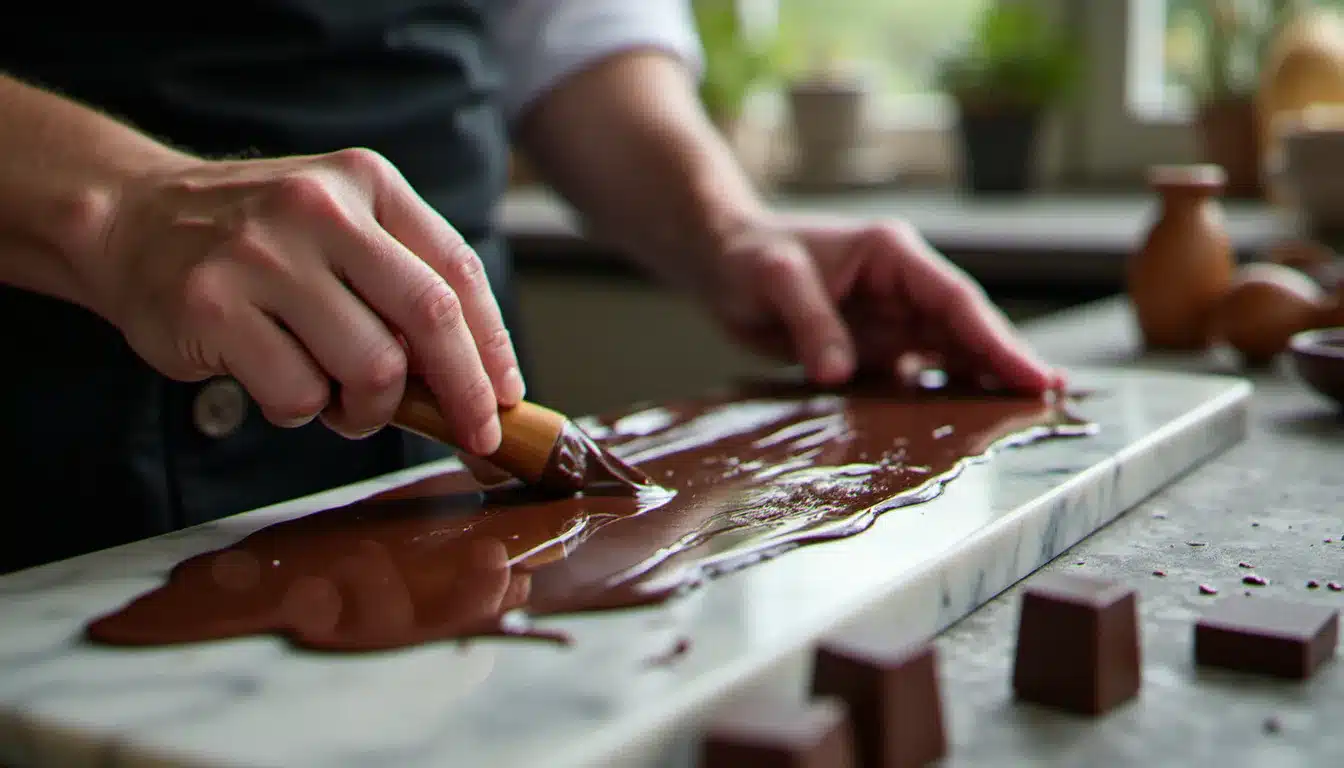 Chocolatier artisan en train de tempérer du chocolat noir sur un marbre dans son atelier, illustrant le savoir-faire mis en avant lors des fêtes du chocolat de Valence