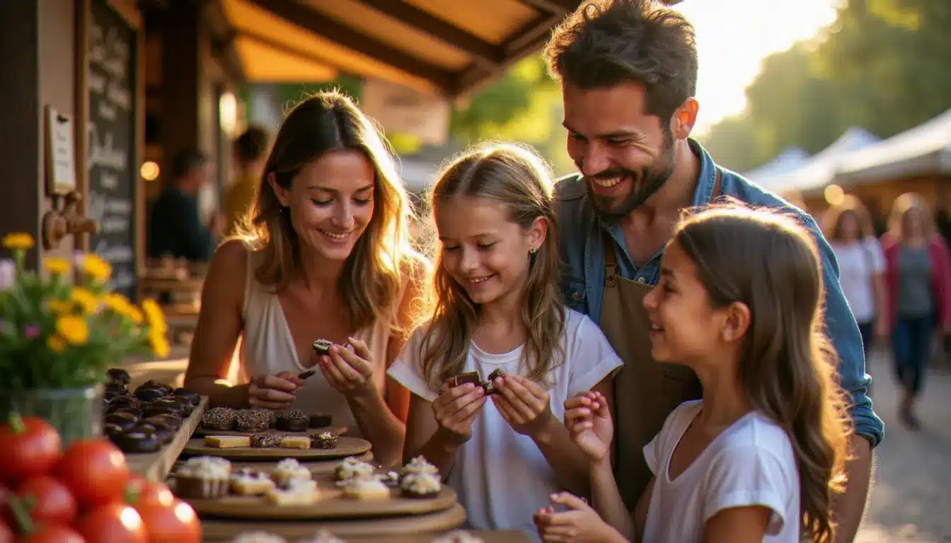 Famille en visite sur un marché gourmand lors d'un événement à Valence aujourd'hui, dégustant des chocolats artisanaux proposés par un exposant local sous les tentes du festival