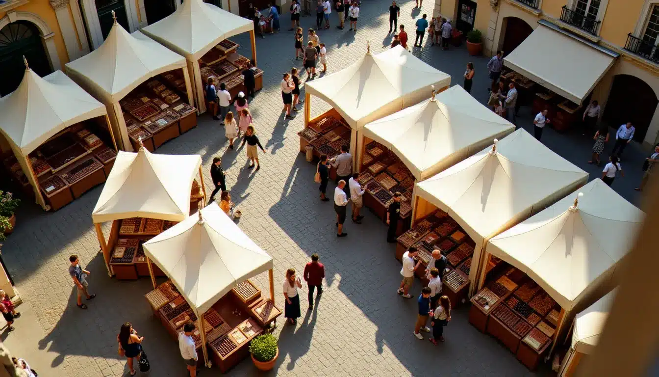 Vue aérienne d'un événement chocolat en plein air à Valence, avec des stands d'artisans chocolatiers sous tentes blanches dans une place historique animée