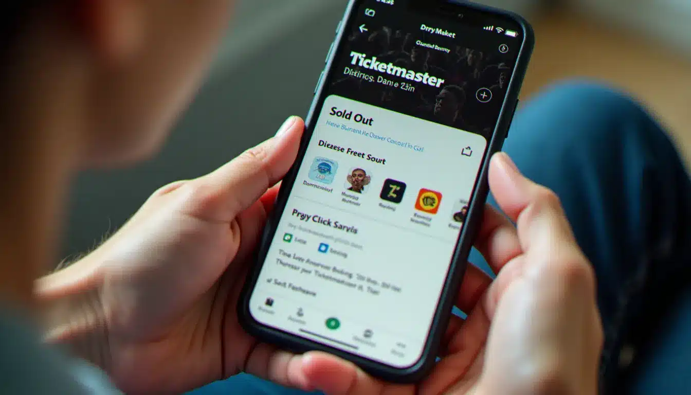 Une personne consultant une application de billetterie pour réserver des billets pour un concert de Bruno Mars, reflet sur l'écran de smartphone