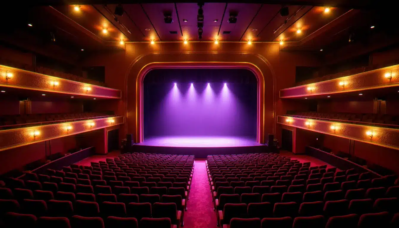 Intérieur d'une salle de spectacle à Las Vegas avec une scène illuminée en or et violet, préparée pour un concert en résidence