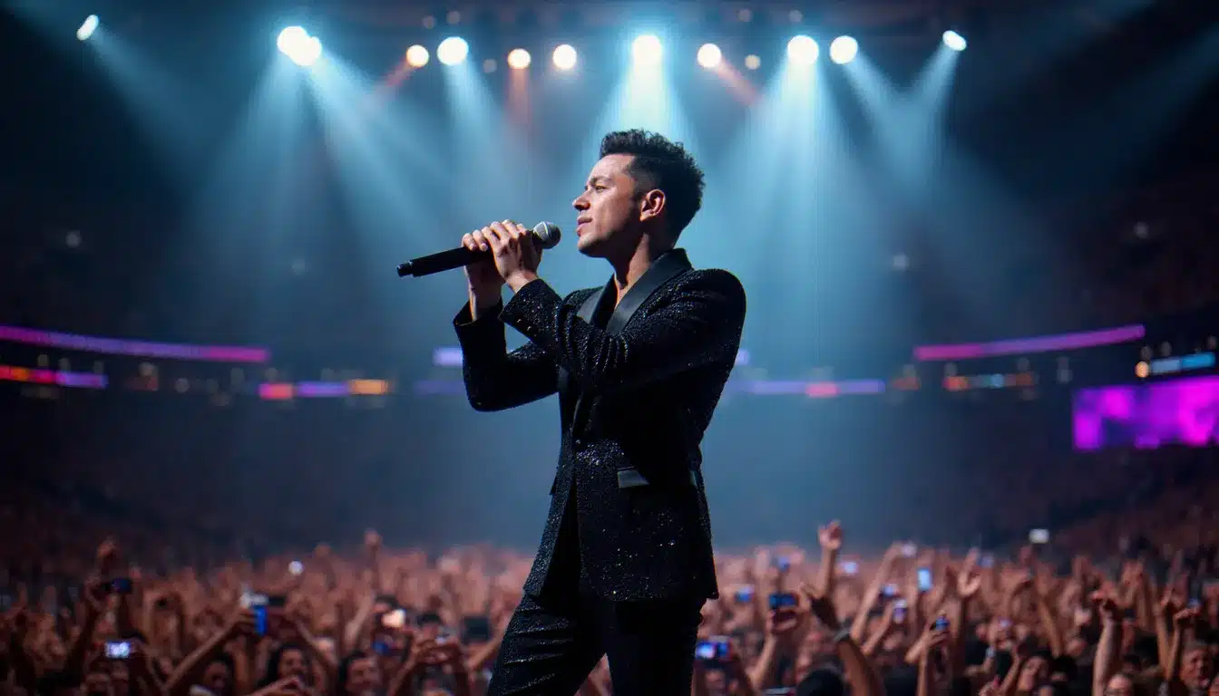 Bruno Mars en concert dans une grande salle, sous des projecteurs colorés, illustrant les événements à venir de Bruno Mars en 2026
