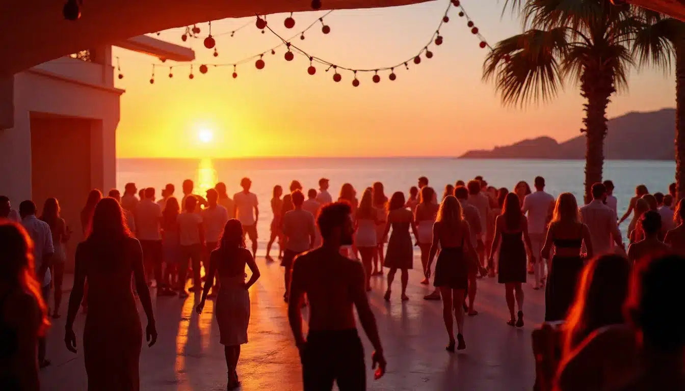 Club en plein air à Ibiza au coucher de soleil avec piste de danse animée, cadre typique des résidences estivales des grands DJs internationaux