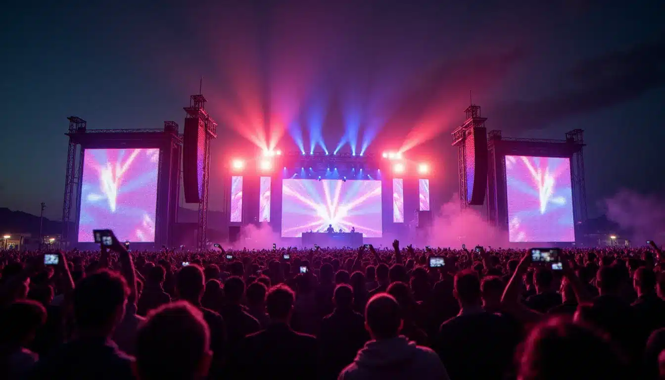Grande scène de festival électronique de nuit avec un DJ en performance devant une foule immense, évoquant les événements à venir de David Guetta