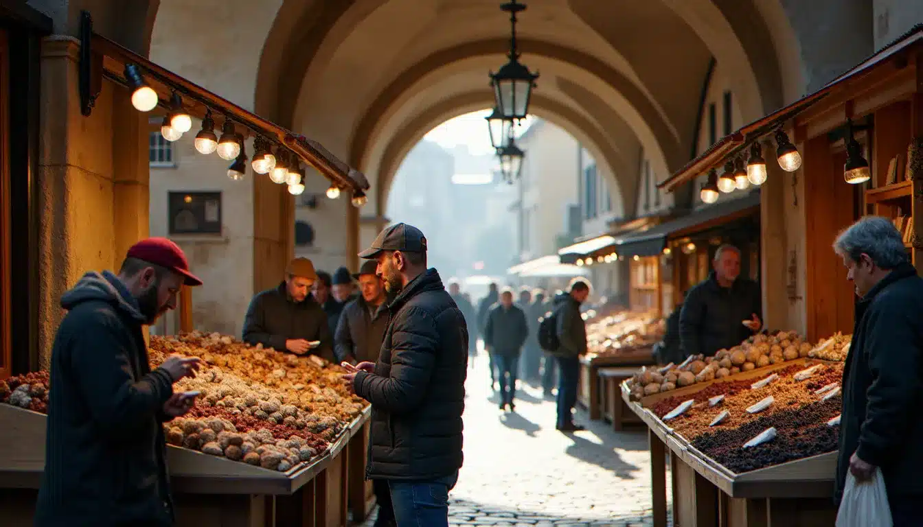 Marché artisanal sous les arcades médiévales d'Annecy avec des stands de produits locaux et des visiteurs en train de déguster des spécialités
