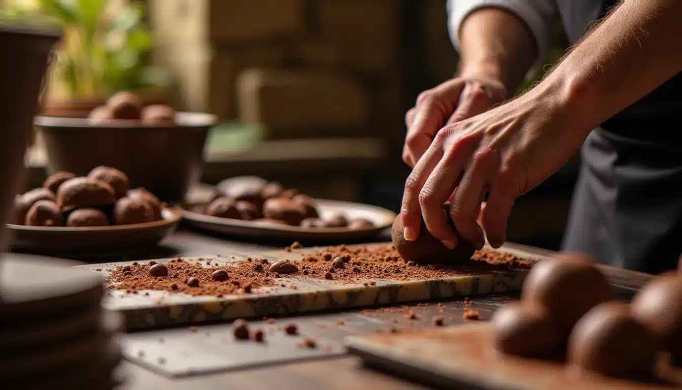 Maître chocolatier travaillant le chocolat noir sur marbre lors d'une fête du chocolat dans un cadre médiéval, entouré de créations artisanales