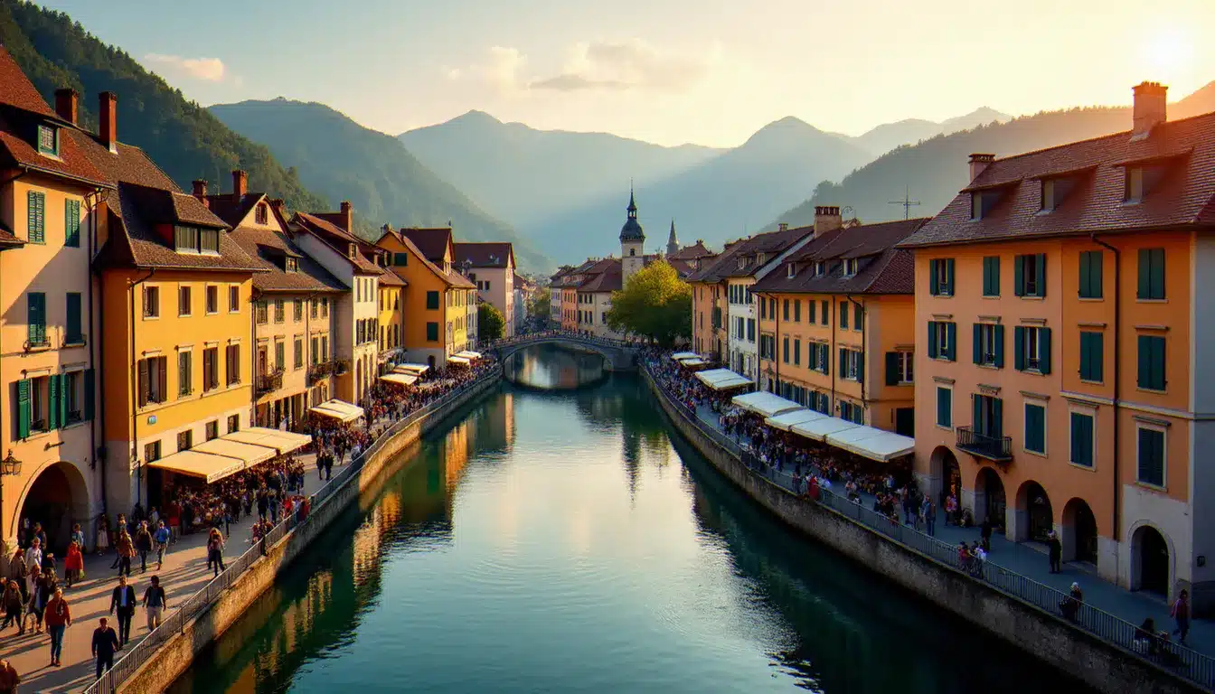 Vue aérienne de la vieille ville d'Annecy avec ses canaux et ses façades colorées lors d'un événement festif, avec les Alpes en arrière-plan
