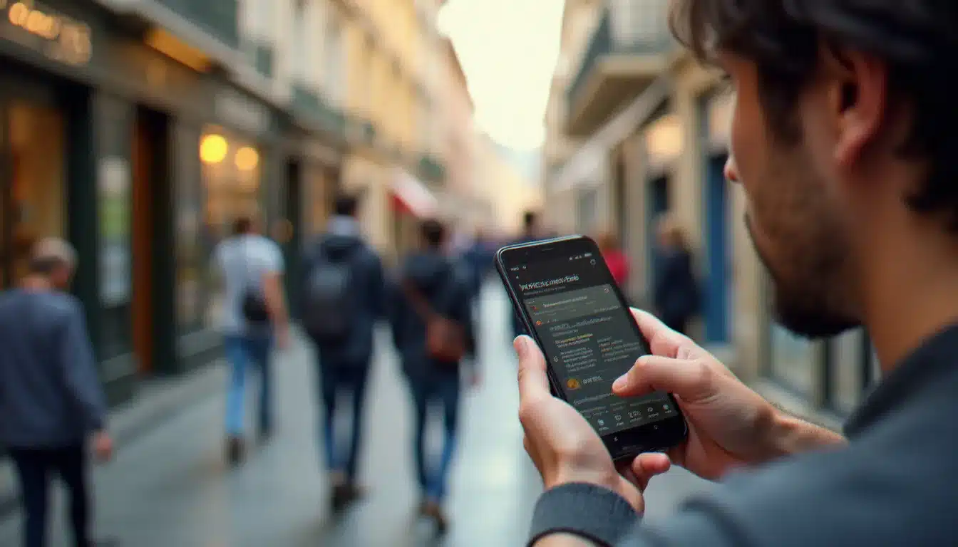 Personne consultant un agenda d'événements locaux sur smartphone dans une rue commerçante française, illustrant la recherche numérique d'événements autour de soi