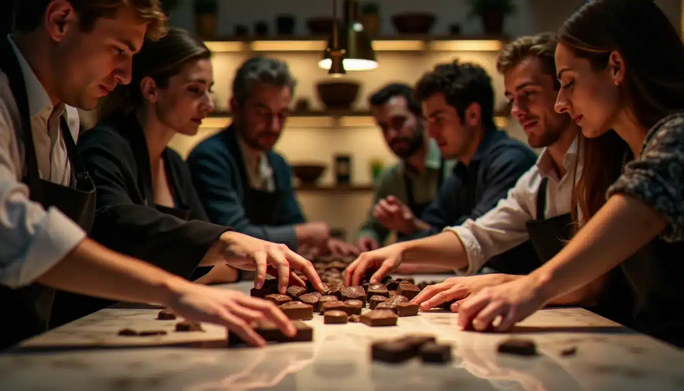 Atelier de dégustation de chocolats artisanaux dans une boutique française, participants autour d'une table en marbre avec des échantillons de chocolat et des cabosses de cacao
