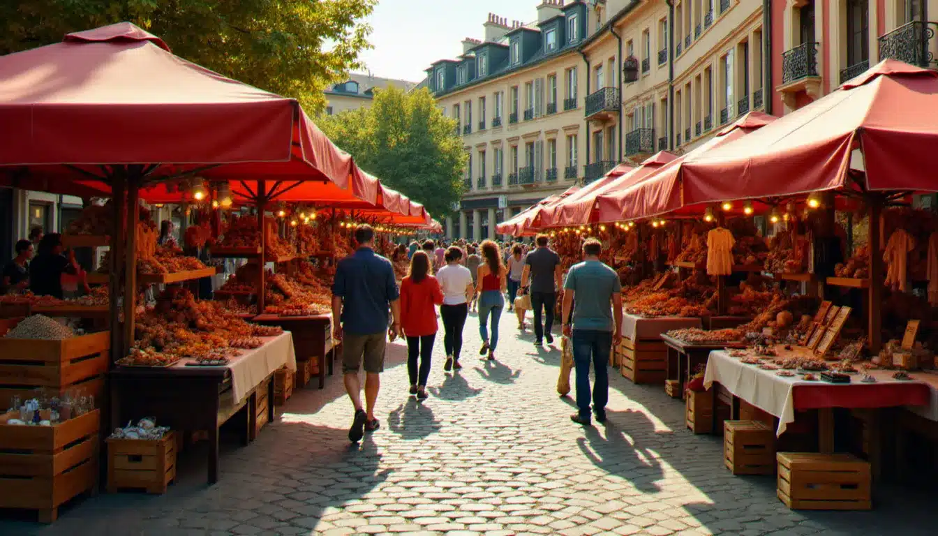 Vue aérienne d'un marché artisanal gourmand en plein air sur une place de village française, avec des stands de chocolats et de produits locaux, illustrant la recherche d'événements autour de moi